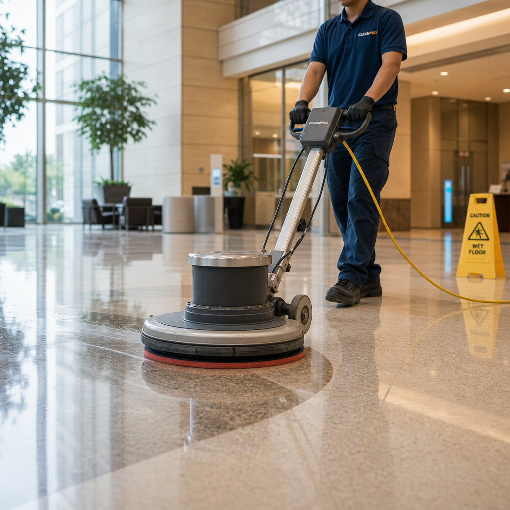 Cleaning technician operating a rotary buffer on a polished hard floor